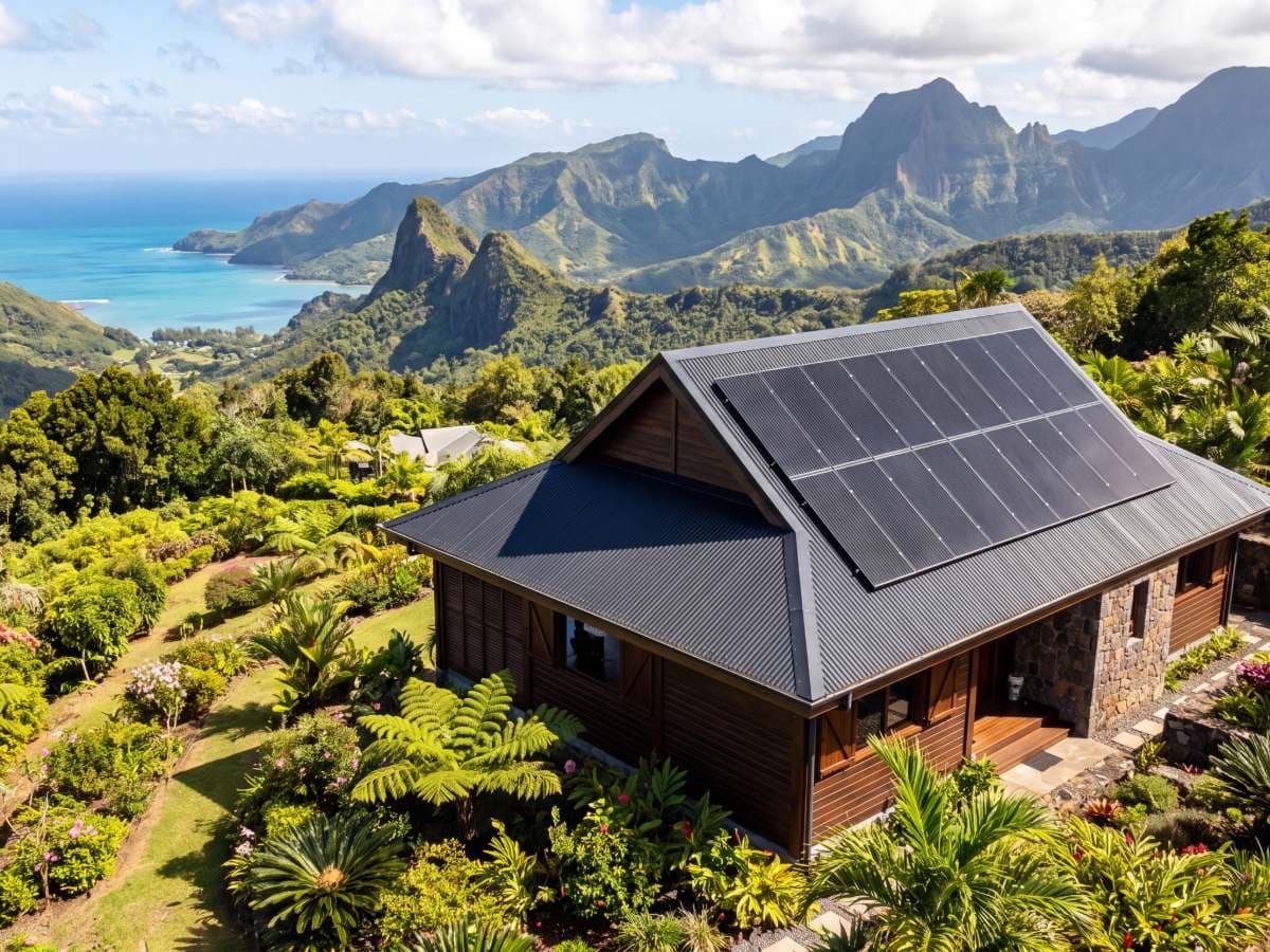 Illustration : case en bois au toit de tôle grise, panneaux photovoltaïques sur un pan, pitons et mer en fond