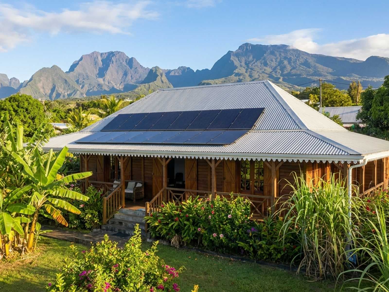 Illustration : case créole en bois au toit de tôle grise, une rangée de panneaux photovoltaïques, montagnes en fond