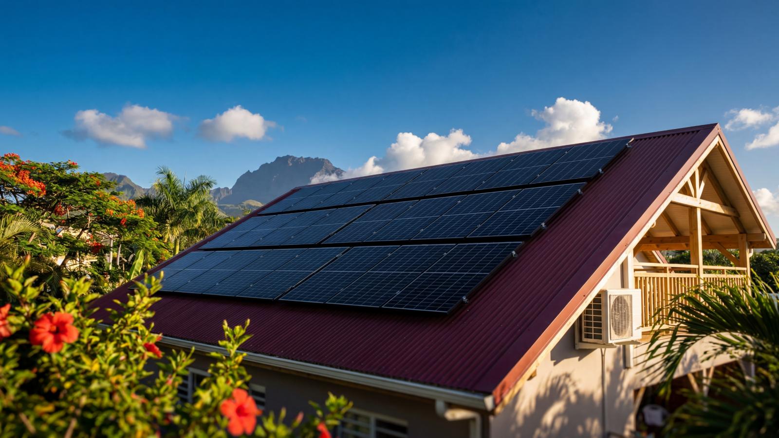 Toit de maison créole avec panneaux solaires et climatisation à La Réunion