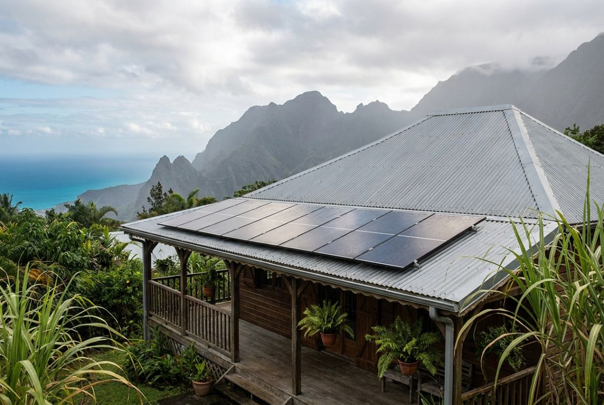 solaire hiver austral Réunion : panneaux photovoltaïques sur case créole