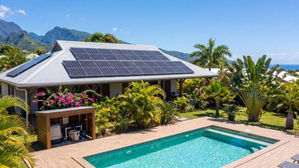 Pompe de piscine solaire à La Réunion : panneaux photovoltaïques sur toiture en tôle et local technique de filtration