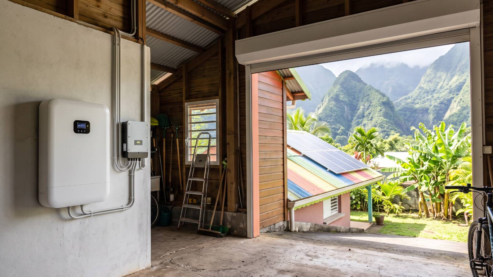 batterie solaire à La Réunion — unité de stockage lithium LFP murale dans un garage, panneaux en toiture